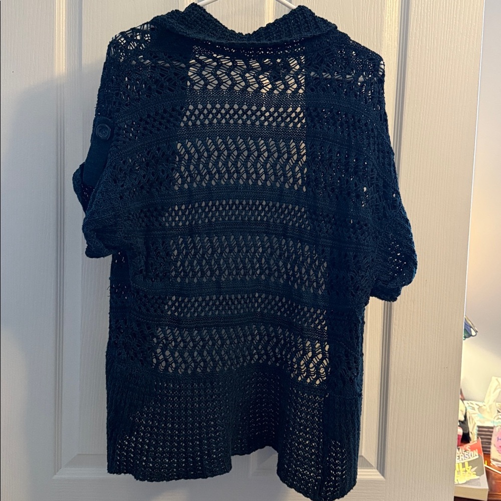 APT 9 Navy Open-Knit Short Sleeve Sweater Women’s Size Medium - Picture 10 of 11